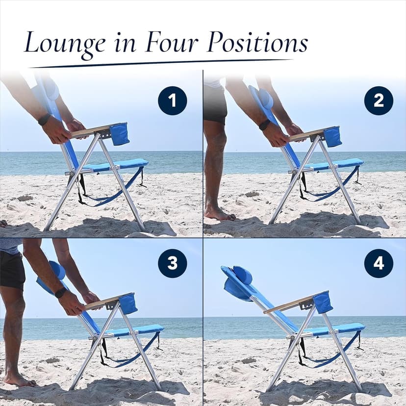 CARIBBEAN JOE Folding Beach Chair, 4 Position Portable Backpack Foldable Camping Chair with Headrest, Cup Holder, and Wooden Armrests