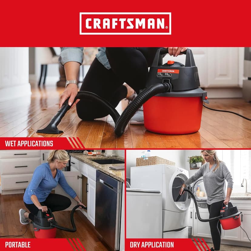 CRAFTSMAN CMXEVBE17250 2.5 Gallon 2.5 Peak HP Wet Dry Vac, Portable Shop Vacuum Wet and Dry with Filter Bag, Hose and Attachments for Cleaning in The Home