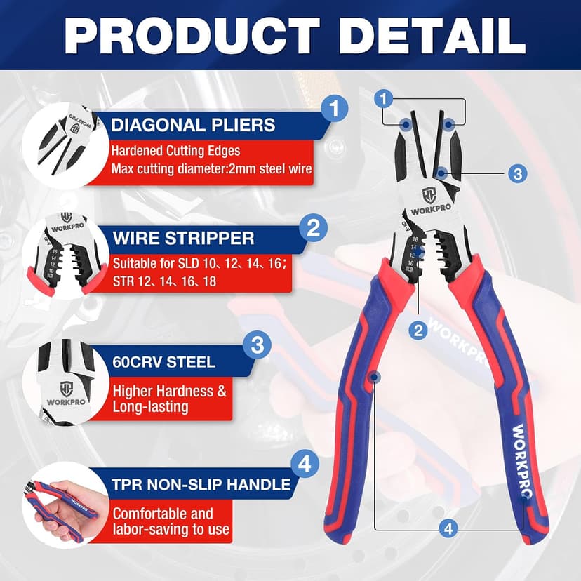 WORKPRO 2-in-1 Diagonal Cutting Pliers with Wire Stripper, 7.5 Inch CRV Steel Wire Cutters with Comfort Grip Handles, Heavy Duty Side-Cutting Pliers for Electricians and Homes, Christmas Gift B0BKKF5HVL