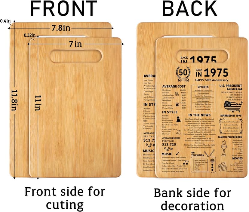 50th Wedding Anniversary Cutting Board Gifts for Women Men Marriage Gifts for Couple 1975 Poster Back In 1975 50th Anniversary Decorations 100% Organic Bamboo Pre Oiled 11"L x 7"W x 0.5"Th