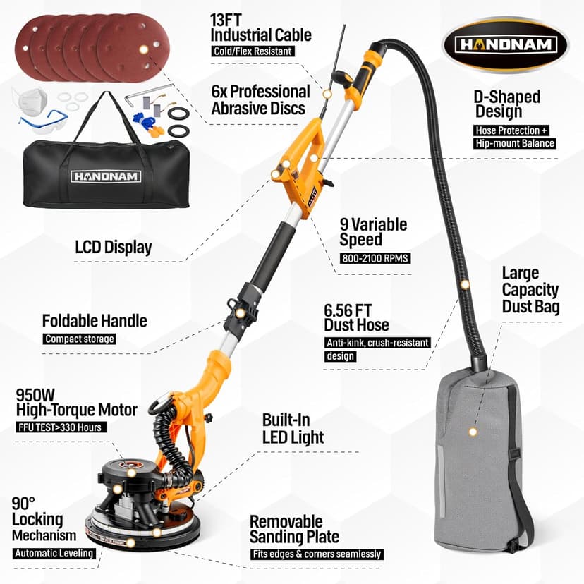 Electric Drywall Sander, 950W Drywall Power Sander with Vacuum Dust Collector, Variable Speed 800-2100RPM, LED Light, Dustless Wall Sander for Drywall, Popcorn Ceiling, Corner etc