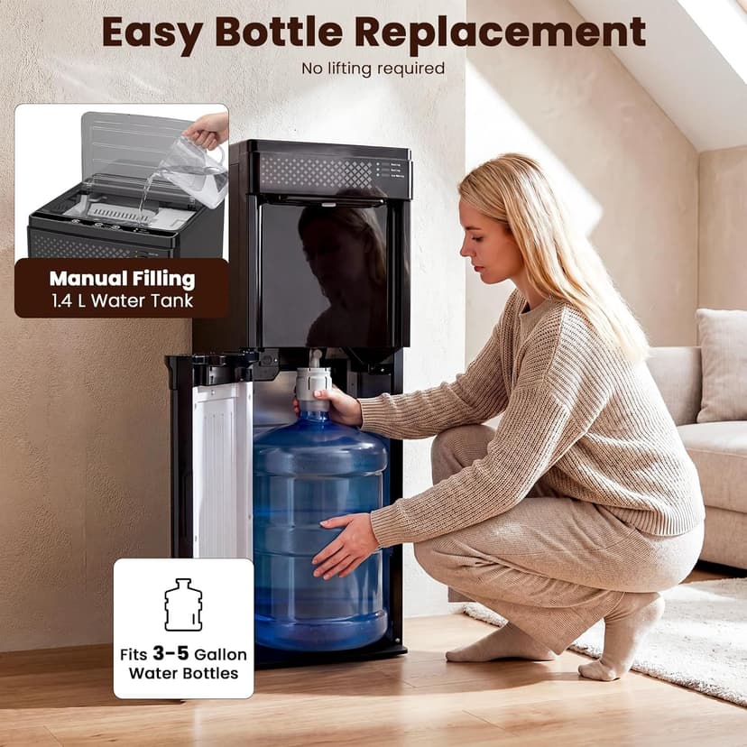 3 in 1 Water Cooler Dispenser with Ice Maker, Bottom-Loading Water Cooler Hot and Cold for Home & Office, 33lbs/24H Bullet Ice, Top Loading 3-5 Gallon, Child Safety Lock, Ice Ready in 7 Mins