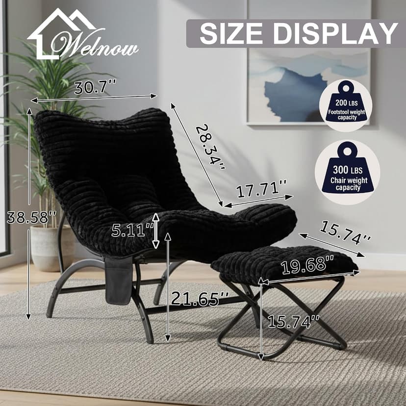 Welnow Black Lazy Chair with Ottoman, Oversized Reading Chair for Adults, Soft Padded Lounge Accent Chair for Living Room, Bedroom, Comfortable Reclining Leisure Chair with Side Pocket