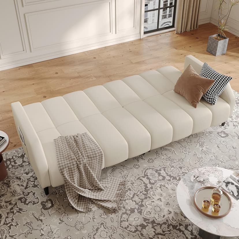 Fadware Faux Leather Couch, Convertible Futon Sofa Bed with Adjustable Backrest, Mid Century Leather Sofa Loveseat with Side Pockets& Metal Leg, Modern Leather Sleeper Sofa for Living Room Bedroom