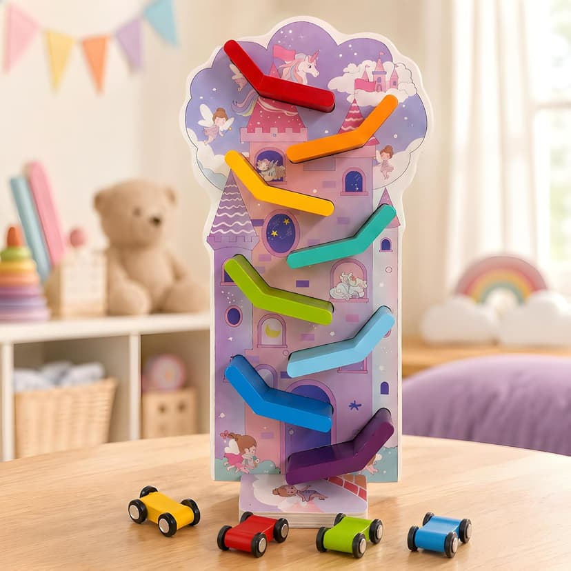Montessori Toys for 2 Year Old Girls and Boys; Wooden Car Ramp for Cause-and-Effect and Hand-Eye Coordination; Birthday Gift Unicorn Car Ramp Toys for Toddlers 1-3, Wooden Race Track with 4 Mini Cars B0H7HBYL82