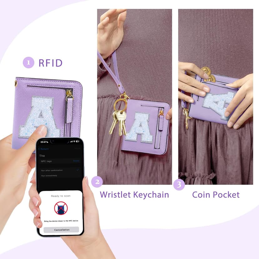 COSHAYSOO Initial RFID Wallet Small Teen Girl Gifts Trendy Stuff Boo Burr Basket Stuffers Birthday Gift Idea for Girls 6 7 8 9 10 11 12 13 14 Year Old Preppy Cute Girly Stuff Purple A