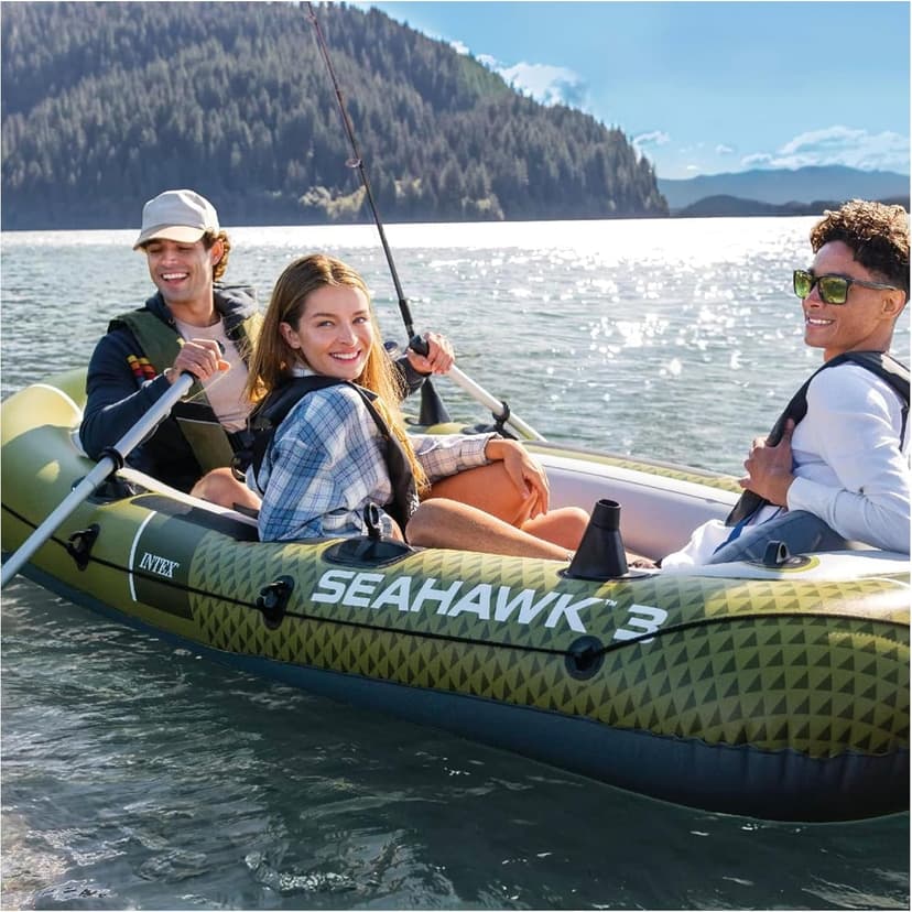 INTEX Seahawk Inflatable Boat Series: Includes Boat Oars and High-Output Pump - Fishing Rod Holders - Gear Pouch