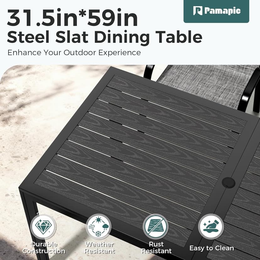 Pamapic Outdoor Dining Sets for 6, Rectangular Steel Slat Table with 6 Textilene Chairs, 7 Piece Patio Table and Chairs Set with Umbrella Hole for Patio, Garden, Backyard and Poolside (Grey)
