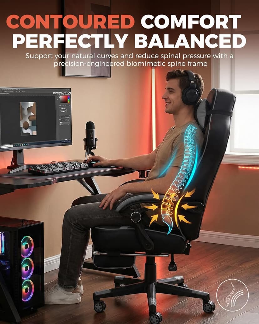 GTPLAYER Gaming Chair for Adults, Big and Tall 350LBS Heavy Duty Office Chair, Ergonomic High Back Lumbar Support and Recliner for Back Pain Relief, Sky Gray