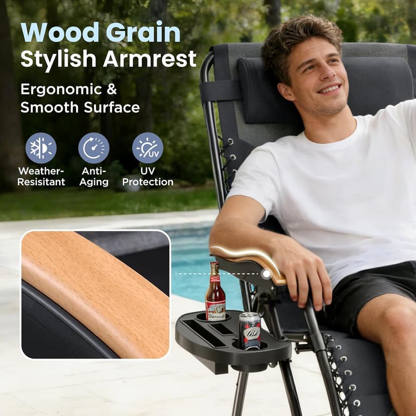 PHI VILLA XXL Oversized Padded Zero Gravity Chair, Foldable Patio Recliner, 30" Wide Seat Anti Gravity Lounger with Cup Holder, Support 400 LBS (Light Gray)