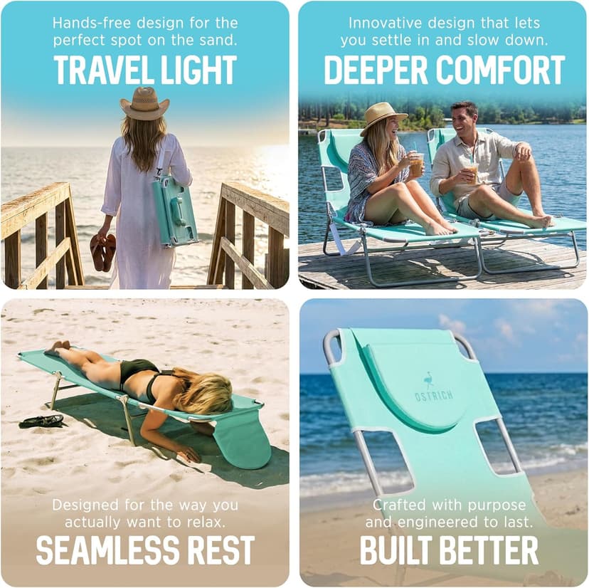 Ostrich the Original Chaise 72 x 22 Inch Lounge Portable Reclining Lounger, Outdoor Patio, Beach, Lawn, Camping, or Pool Tanning Chair, Teal