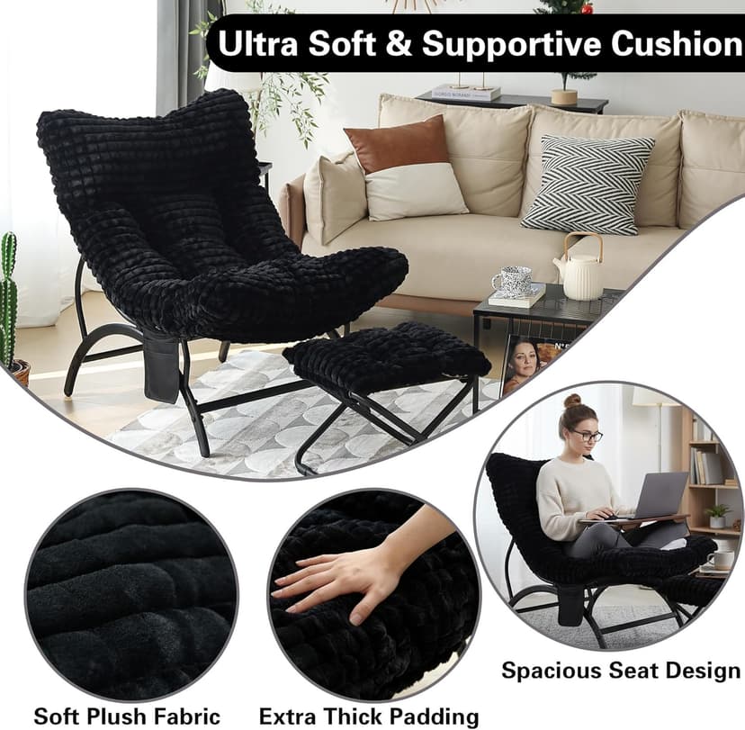 Welnow Black Lazy Chair with Ottoman, Oversized Reading Chair for Adults, Soft Padded Lounge Accent Chair for Living Room, Bedroom, Comfortable Reclining Leisure Chair with Side Pocket