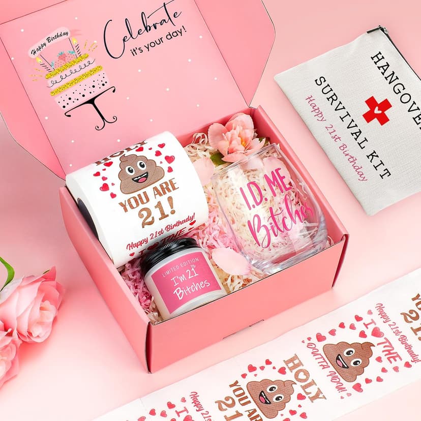 21st Birthday Gifts for Women Her Unique 21 Year Old Birthday Gifts for Female Her Funny Gift for 21 Year Old Female 21st Bday Decorations for Women - Wine Glass Toilet Paper Candle Makeup Bag B0CY1Z9QNV