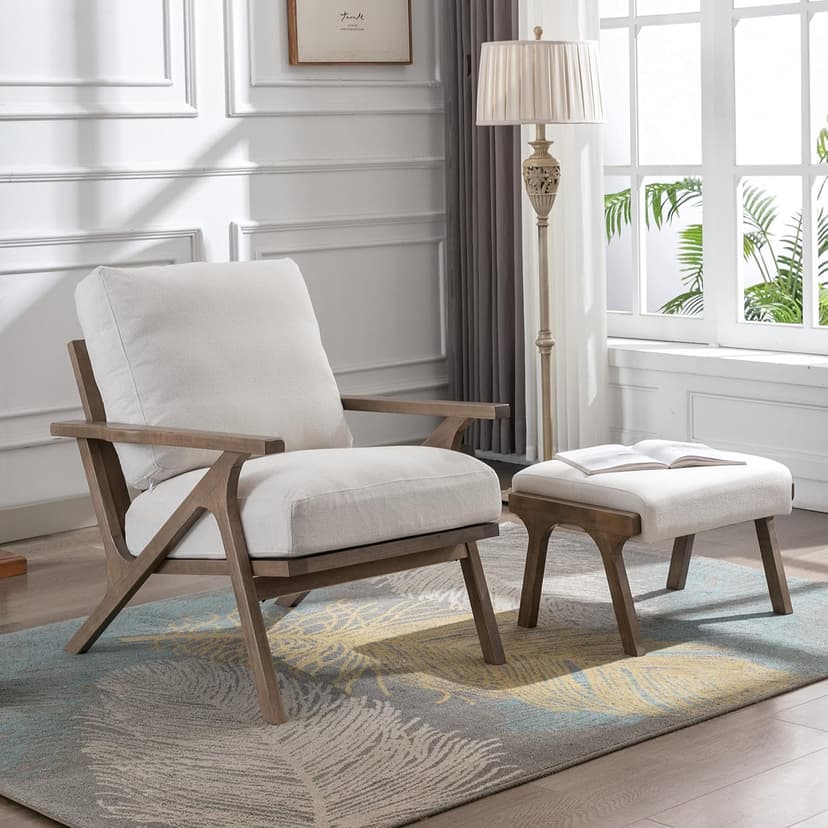 chairus Mid-Century Modern White Linen Accent Chair with Ottoman, Comfy Upholstered Lounge Armchair with Removable Cushions & Solid Wood Frame, Fabric Reading Chair for Living Room Bedroom Office