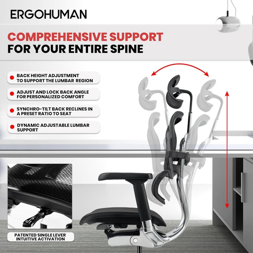 Ergohuman Eurotech ME7ERG GEN2 High Back Mesh Office Chair with Tilt Tension Control, Tilt Lock, Back Angle, Back Height, Synchro Tilt, Seat Height, Seat Depth, and Arm Height Adjustments, Black