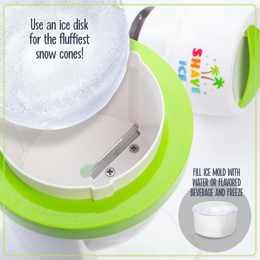Nostalgia Snow Cone Machine With 1 Reusable Plastic Cup & Dual Ice Molds– Retro Table-Top Shaved Ice Maker with Stainless Steel Blades for Fluffy Ice- Slushie Machine for Fun Gatherings- White & Green