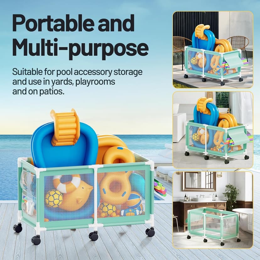 280 Gallon 69" Pool Storage Bin XXL Extra Large Swimming Pool Float Storage Bin, Pool Noodles Holder, Toys, Floats, Balls and Floats Equipment Mesh Rolling Bin for Garden Lawn, 69" Lx32 Wx35 H