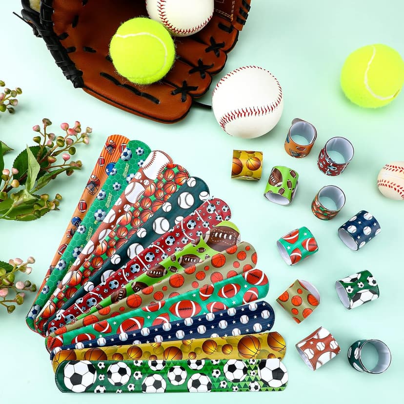 Deekin 48 Pcs Sports Party Favors Slap Bracelets Football Baseball Soccer Snap Bracelet Bands Slap Bands Colorful Decorations for Kids Birthday Party Supplies, 8.8 x 1.2 Inch