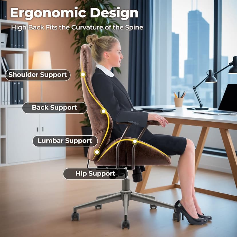 ovios Ergonomic Office Chair, High Back Faux Leather Executive Chairs with Armrests, Comfy Mid-Century Modern Swivel Rolling Computer Armchair (Dark Brown, Suede Leather)