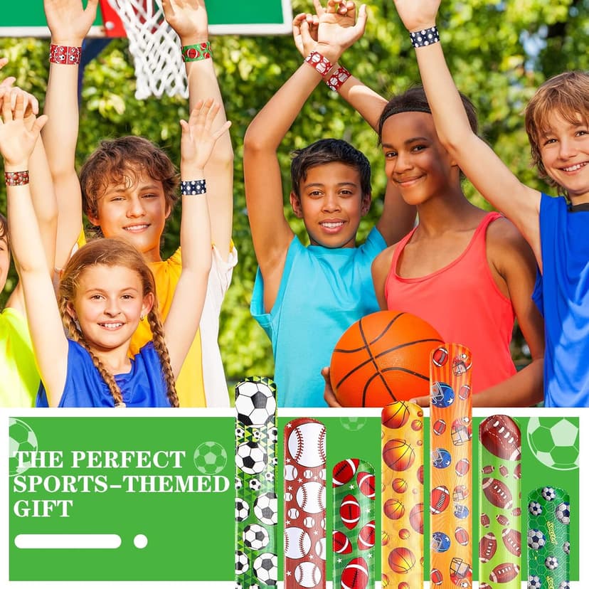 Deekin 48 Pcs Sports Party Favors Slap Bracelets Football Baseball Soccer Snap Bracelet Bands Slap Bands Colorful Decorations for Kids Birthday Party Supplies, 8.8 x 1.2 Inch