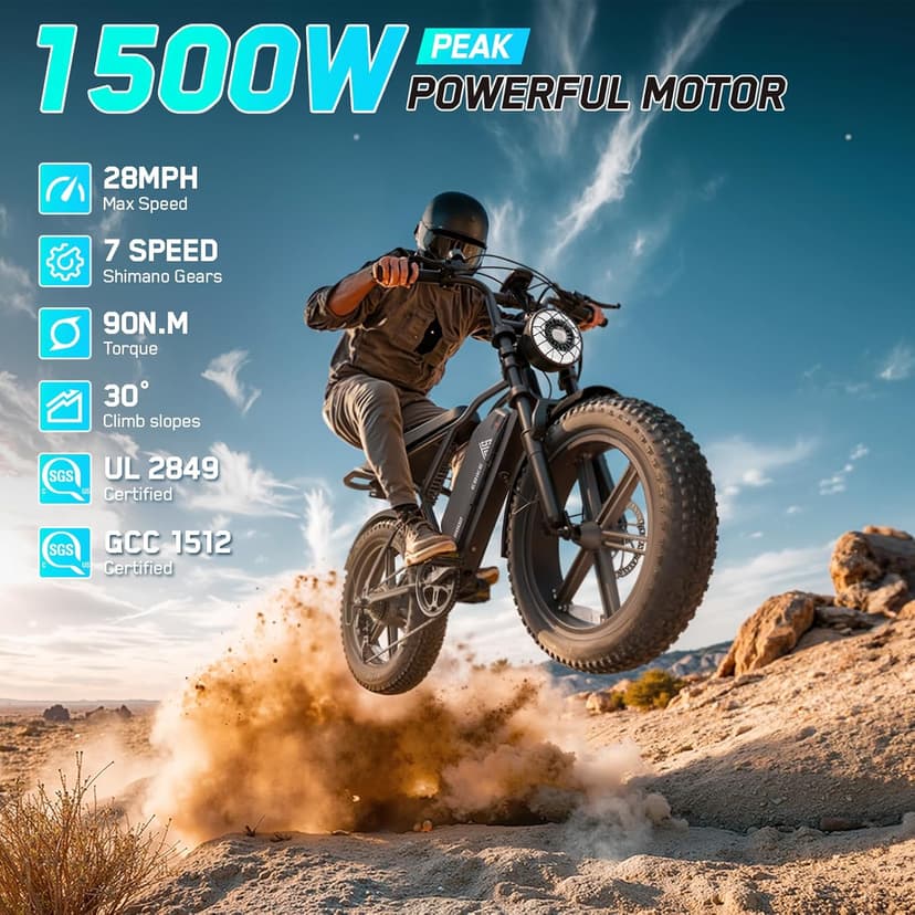 TST Electric Bike for Adults 1500W Peak 20" Fat Tire All-Terrain E-Bike 60/110 Miles 28 MPH Electric Dirt Bike - 48V 15/25 AH Battery Tested to UL 2849 Powered Electric Bicycle
