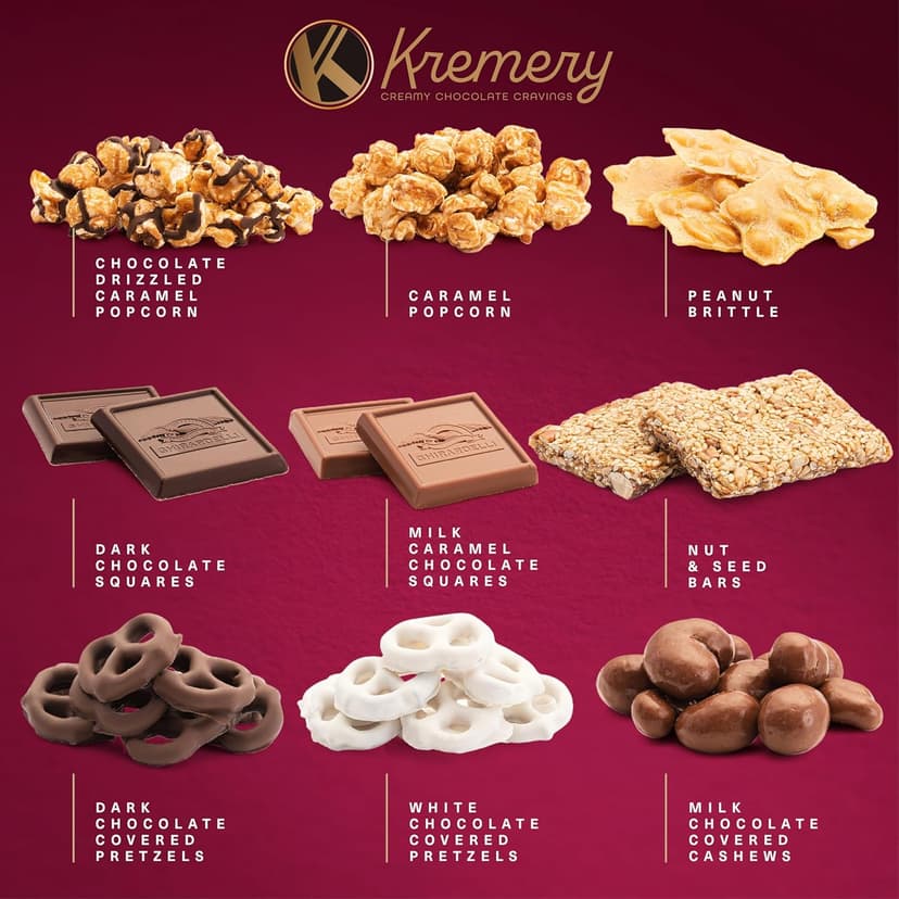 KREMERY Creamy Chocolate Cravings - Holiday Christmas Chocolate Covered Pretzels & Caramel Popcorn Gift Basket, in Seagrass Tray + Ribbon (Deluxe, 3.5 lbs) Xmas Treats Food Arrangement, Kosher