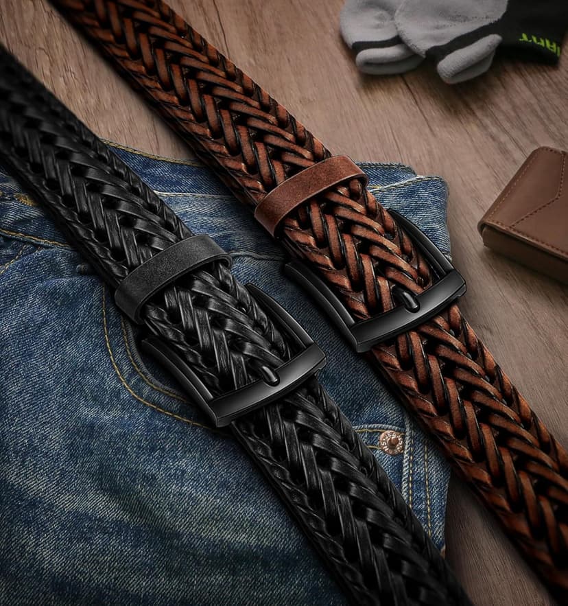 BULLIANT Men Belt 2Pack,Braided Woven Leather Belt For Men Golf Casual Jeans 1 3/8"