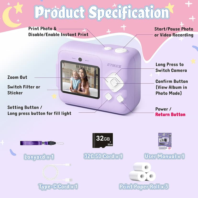 Kids Camera, 1080P Instant Digital Print Camera for Kids, Christmas Birthday Gifts for 4 5 6 7 8 9 10 Year Old Girls Boys, Portable Toy with 32GB SD Card & 3 Rolls Printing Paper, Purple