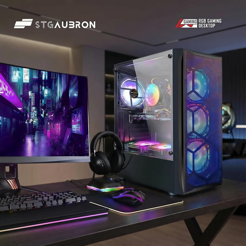STGAubron Gaming PC Desktop Computer, Intel Core I7 up to 3.9 GHz, Radeon RX 580 8G, 16G RAM, 512G SSD, WiFi, Bluetooth 5.0, RGB Fan x6, RGB BT Sound Bar, Windows 10 Home