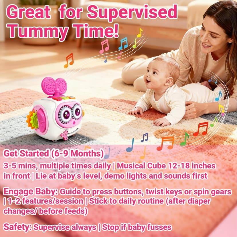 Montessori 6-in-1 Activity Cube, Lights & Sounds, Wheels for Tummy Time & Crawling Training, Birthday Gifts MoraBaby Toys for 1+ Year Old Girl, Musical Busy Cube for Toddlers 1-3 B0FVG81T31