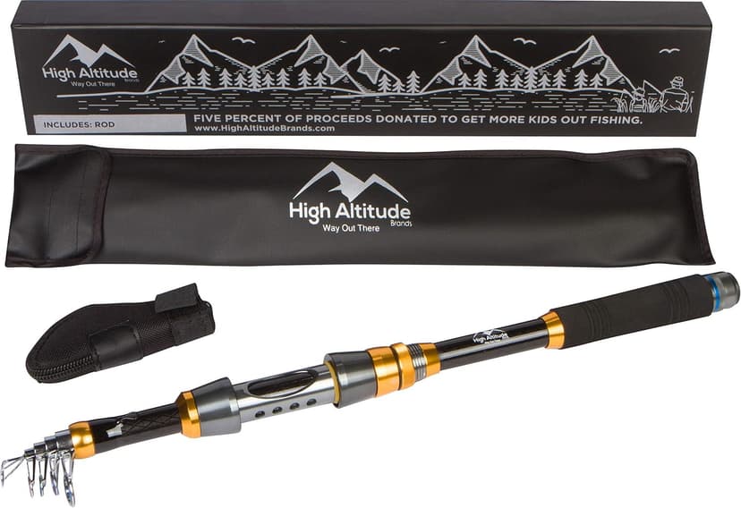 High Altitude Brands Lightweight Portable Telescopic Fishing Pole, Case and Available with Spinning Reel Rod Combo, Motorcycle, Car, Hiking, Backpacking, Wheelchair Travel Gear, Collapsible Poles