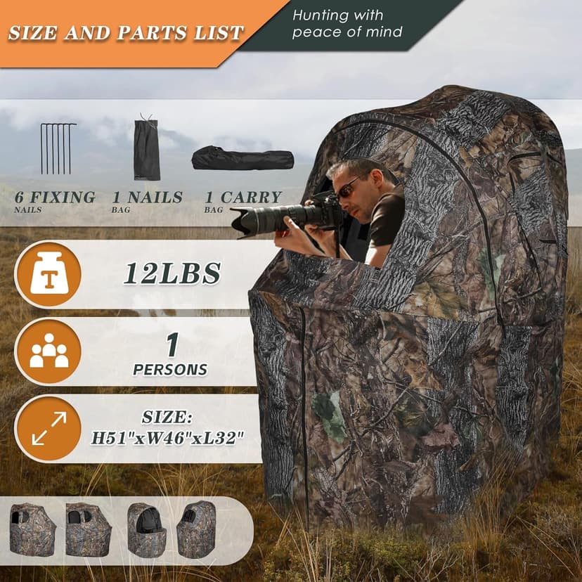 FUNHORUN Hunting Chair Blind, 1/2 Man One-Way See Through Ground Blind, Portable 1/2 Person Camouflage Chair Tent with Carrying Bag