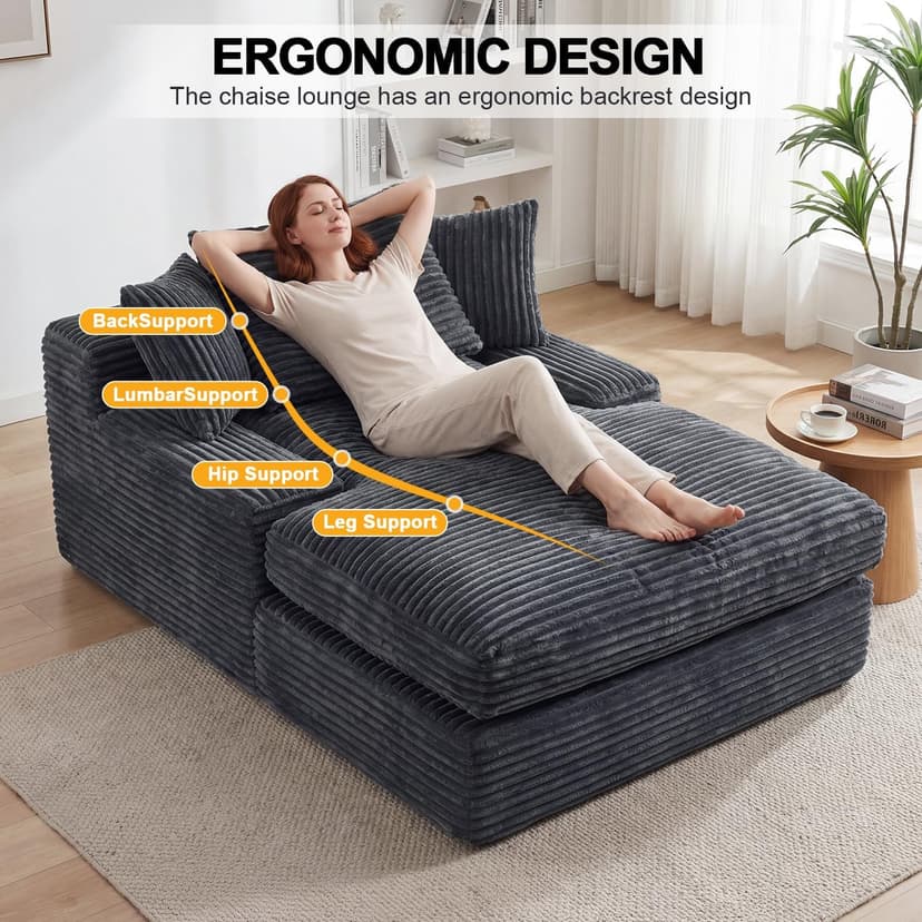 WEUP 69" Indoor Chaise Lounge, Oversized Corduroy Upholstered Armless Sofa Bed, Deep Seat Sleeper Reading Chair, Cloud Sofa for Living Room Bedroom Apartment, No Assembly Required (Gray)
