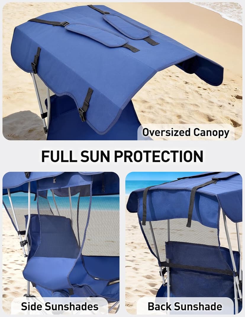 East Oak Oversized Camping Chair with Canopy | 400 LBS Heavy Duty Folding Beach Chair with Canopy Shade, Roomy Seat, Full Sun Protection, Ample Storage | Canopy Chair for Outdoors