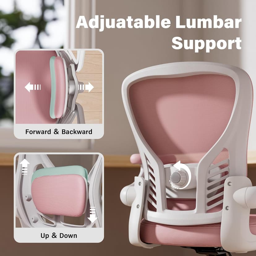 GYI Ergonomic Office Chair, Mesh Desk Chair with Adjustable Lumbar Support and 3D Flip-up Arms, Computer Chair with Wheels, Pink