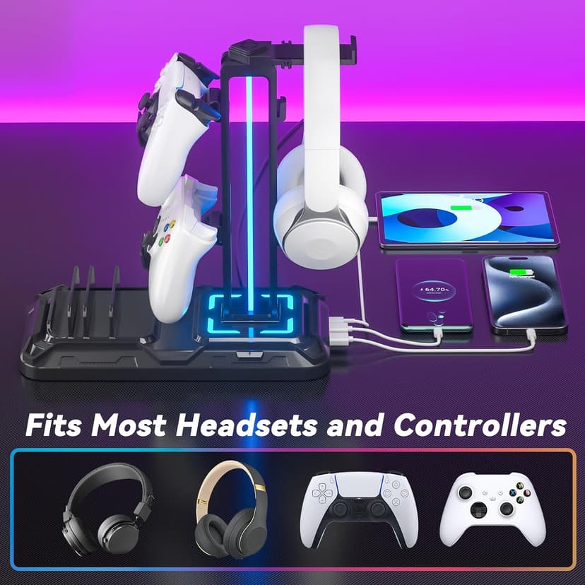 KDD Headset Stand with Charging Station - Detachable Controller Holder with 9 Light Modes - Rotatable Headphone Hanger with USB A&C Charger Ports - Earphone Hook for PC Gaming Accessories Storage B0DGGH8KN1