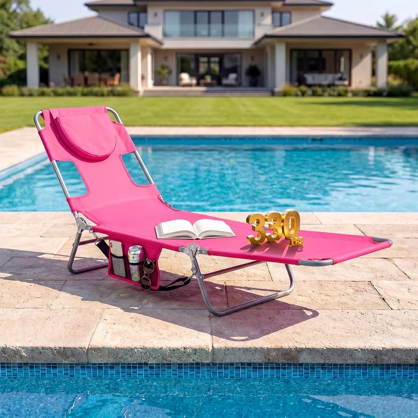 Goplus Tanning Chair, Portable Lightweight 10.5LBS Beach Lounger with Face Arm Holes, Adjustable 5-Position, 330LBS Capacity, Side Pocket, Removable Cushions, Portable Sunbathing Chair for Pool