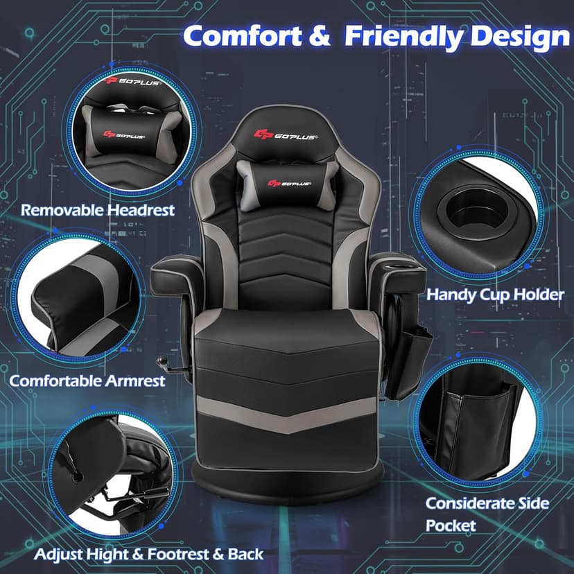 POWERSTONE Gaming Recliner, Adjustable Massage Gaming Chair with Cup Holder Footrest Ergonomic Single Sofa Living Room Home Theater Seating with Side Pouch (Grey)