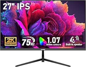 Gawfolk 27 inch IPS 2K QHD (2560×1440) Computer Monitor 75Hz Gaming PC Screen, 1ms，Adaptive Sync,100% sRGB, 1.07 Billion Colours,Built-in Speaker，Display 1.4、Port HDMI2.0, Black