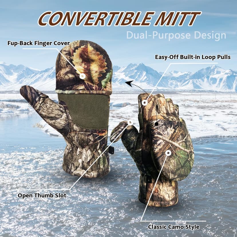 Favuit Camouflage Hunting Gloves Convertible Fingerless Mittens Pro Anti-Slip Windproof Camo Glove Archery Accessories for Hunting Camping Hiking Climbing Outdoors Gear