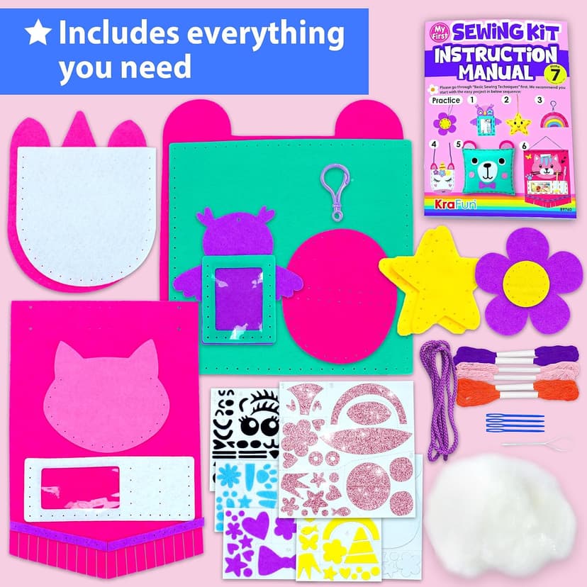 7 stuffed animal & plush pillow projects. Pre-punched felt & instructions included. Gift for girls & boys KRAFUN My First Sewing Kit for Kids Ages 6-12 | 7 Animal Dolls B091GXM2Y6