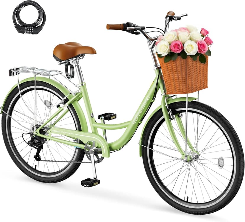MOONCOOL Womens Bike 7 Speed, 24 26 inch Beach Cruiser Bikes for Women, Step Through Adult Bicycle with Front Basket for City Commuting