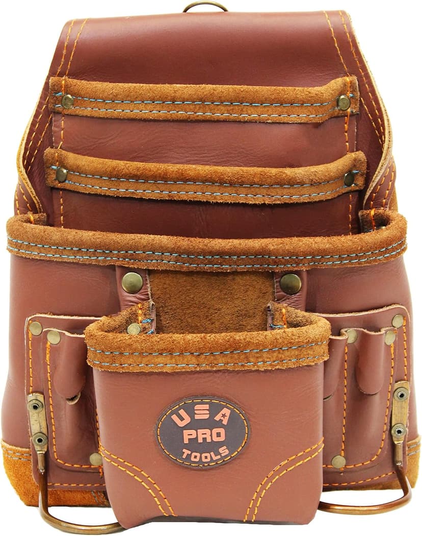 USA Pro Tools Leather Tool Pouch for Carpenter | Best for Electricians, Plumbers, Handyman and Framers | 10 Pockets with 2 Stainless Steel Hammer Holders