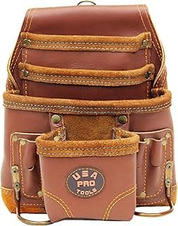 USA Pro Tools Leather Tool Pouch for Carpenter | Best for Electricians, Plumbers, Handyman and Framers | 10 Pockets with 2 Stainless Steel Hammer Holders