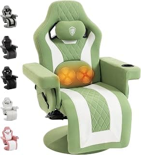 Dowinx Racing Style Gaming Recliner Chair with Massage Lumbar Support, Footrest, Cup Holder, Side Pouch, High Back Ergonomic Video Game Chair Reclining No Wheels Heavy Duty, Fabric Green