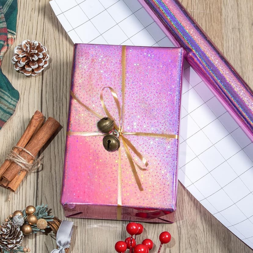 Burymento Pink Wrapping Paper Roll, Metallic Holographic Star Gift Wrap for Birthday, Valentines, Mothers day, Graduation, Wedding, Fathers day, Baby Shower, Christmas (17 IN x 32.8 FT) B0D9NFKFFC