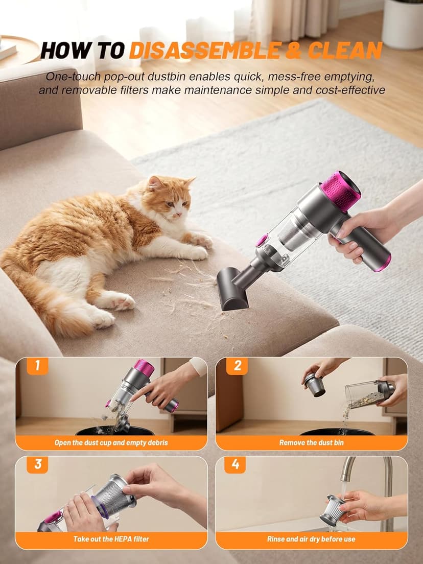 DRFLASH 6-in-1 Handheld Cordless Car Vacuum Cleaner, 16000PA Portable Mini Vacuum Cleaners with LED Light & Fast Type-C Charging, Multi-Nozzles for Home, Outdoor,Pets, Office Use