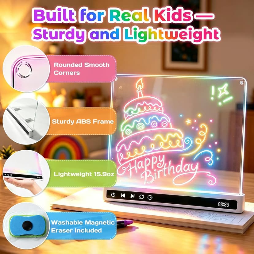 USB-C Rechargeable, 3mm Acrylic Surface, 7 Markers, Tracing Book, Clean Kit, Washable Eraser KVXAJWOT 16" LED Drawing Board, 16 Light Modes, 8 Colors, Built-in Stand B0H9L6KVJH