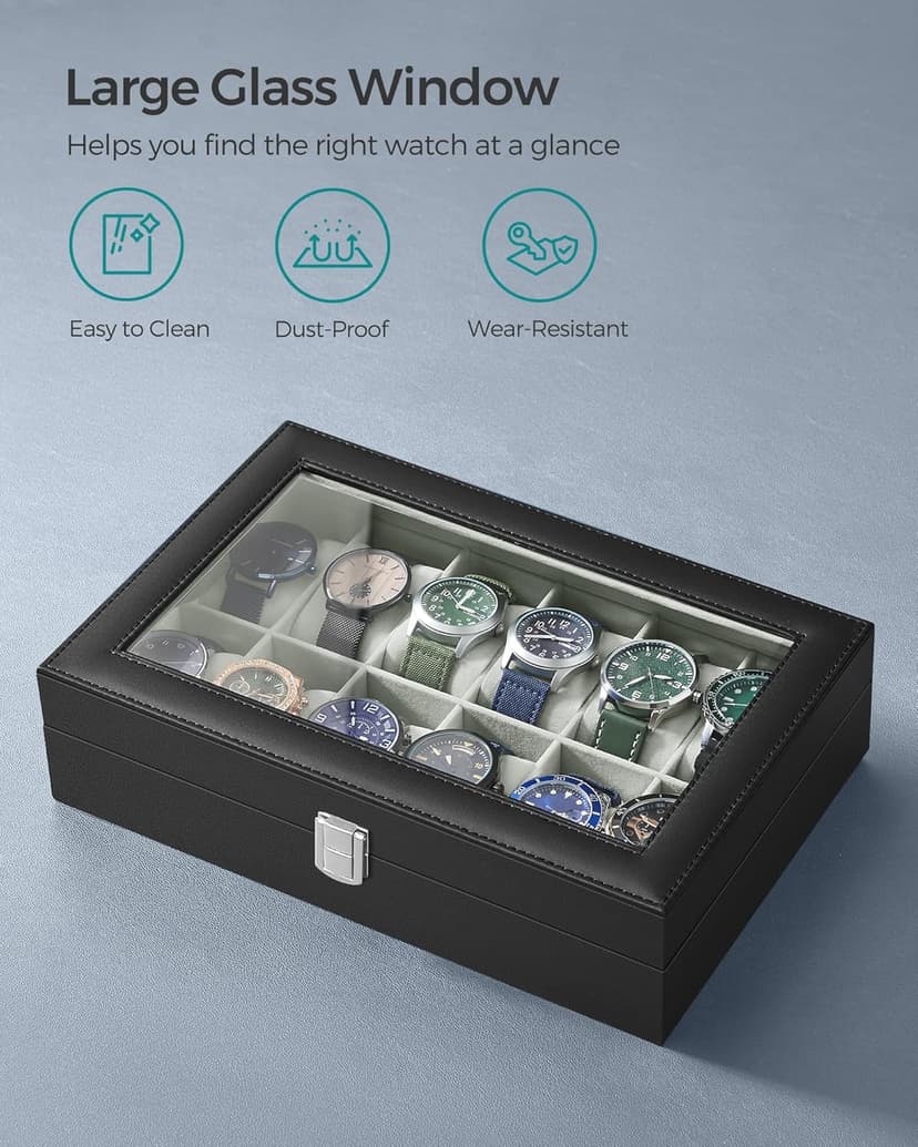 SONGMICS SONGMICS Watch Box, 12-Slot Watch Case Organizer with Large Glass Lid, Removable Pillows, Gift for Loved Ones, Black Synthetic Leather, Gray Lining UJWB12BK