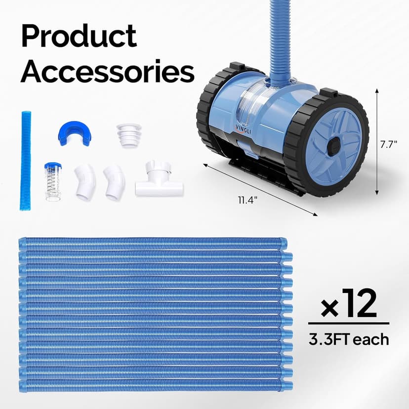 (2025 Upgrade) VINGLI Automatic Suction-Side Pool Vacuum Cleaner, Powerful Wall-Climbing Sweeper for Inground Pools, Includes 39.6ft Tangle-Free Hose (Blue&Gray)